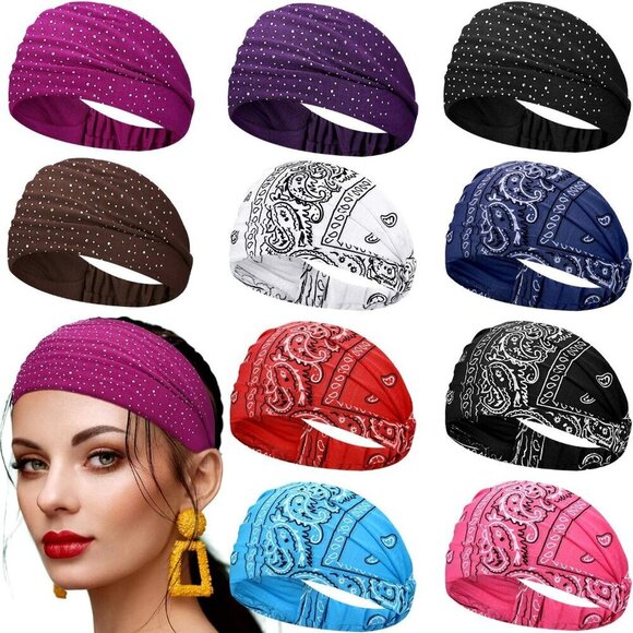 10 Pcs Women\'s Elastic Wide Hairbands for Sports Yoga Workout Rhinestone Paisley